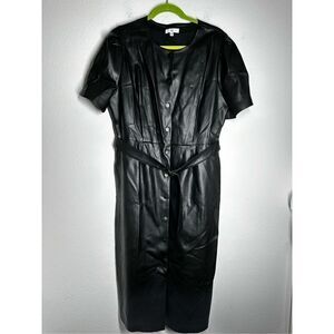 La Redoute Women’s Faux Leather Shirt Dress Black Snaps Belt Pockets Sz 16/46 FR